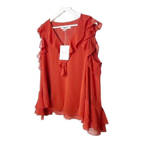 DIANE VON FURSTENBERG Essie Cold Shoulder Ruffled Chiffon Top In Brick - Picture 2 of 10